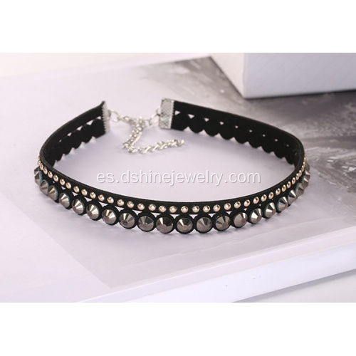 Encaje ancho hueco negro collar de diamantes de imitación perlas gargantilla